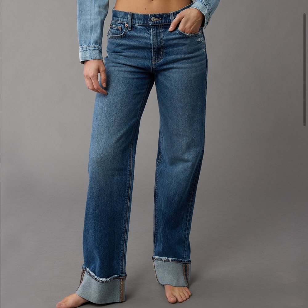 AE Stretch High-Waisted Stovepipe Cuffed Dark Blue Jeans